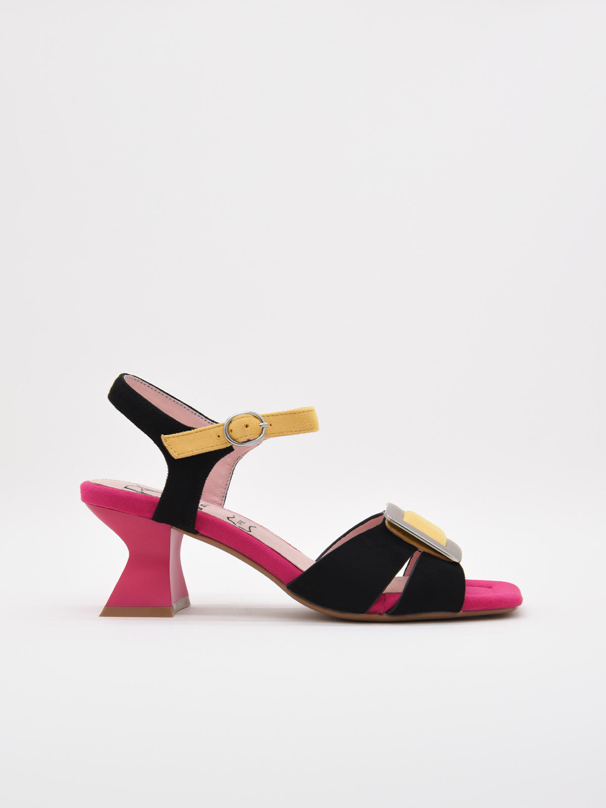 Sandalia negra con fucsia y amarillo para mujer